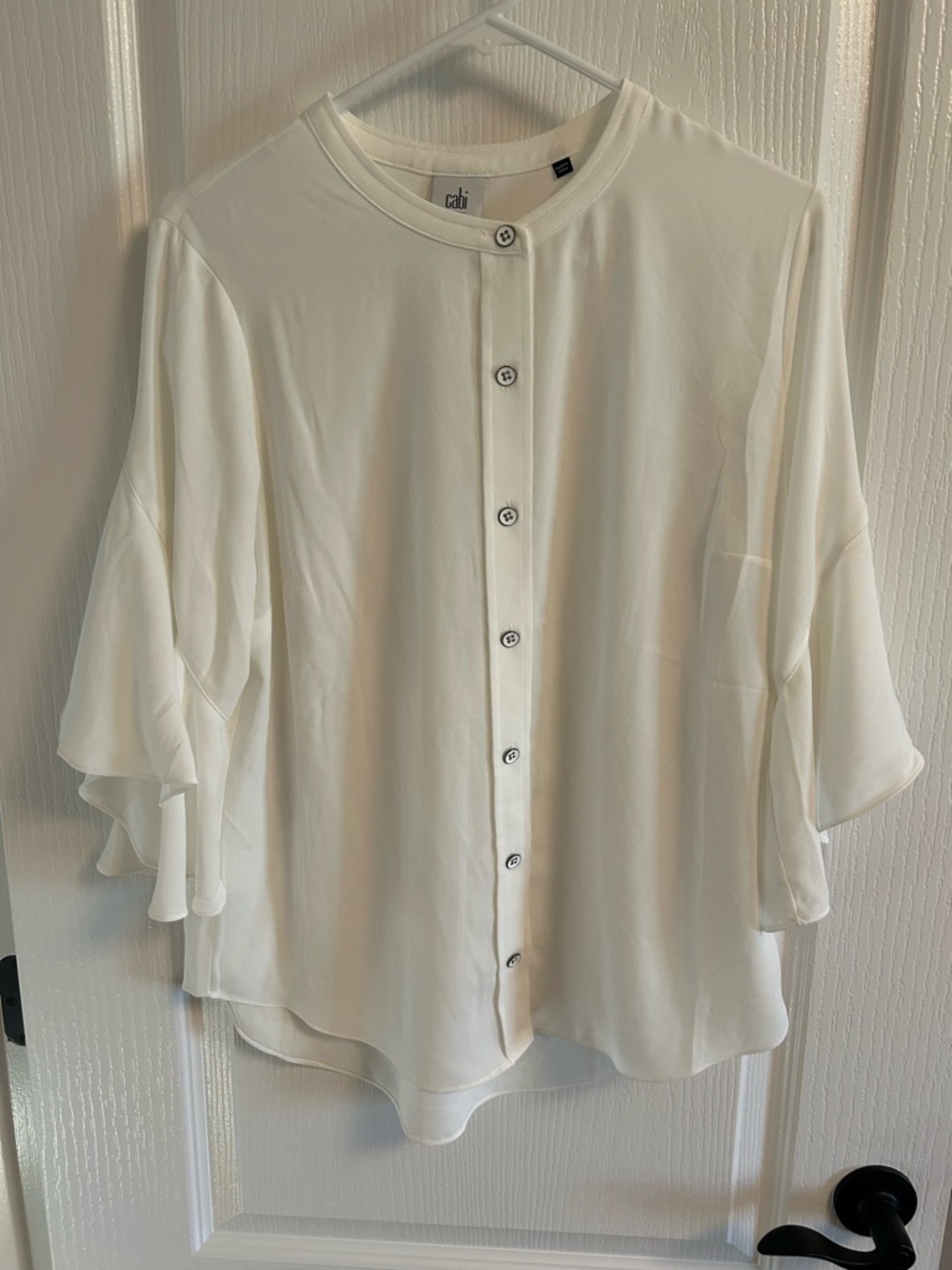 CAbi White Button-Front Blouse with Ruffle Sleeve Detail